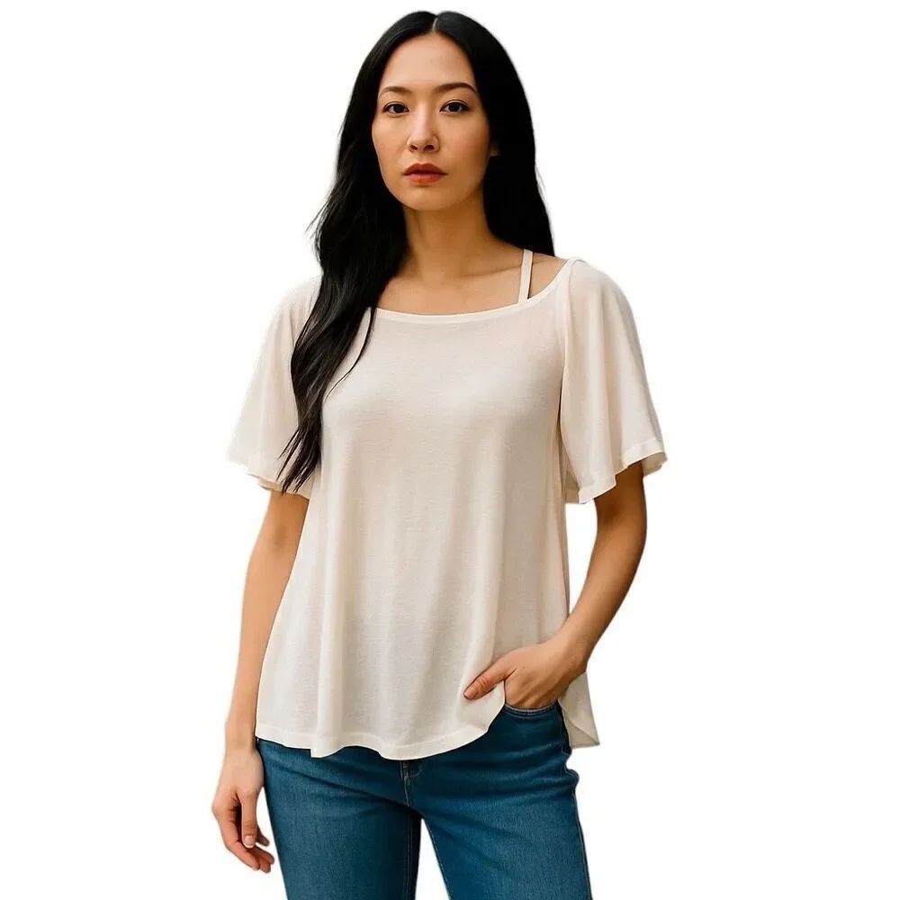 VERY J Women's Cream Ivory Cold Shoulder Pullover Oversized whimsy Blouse Size S